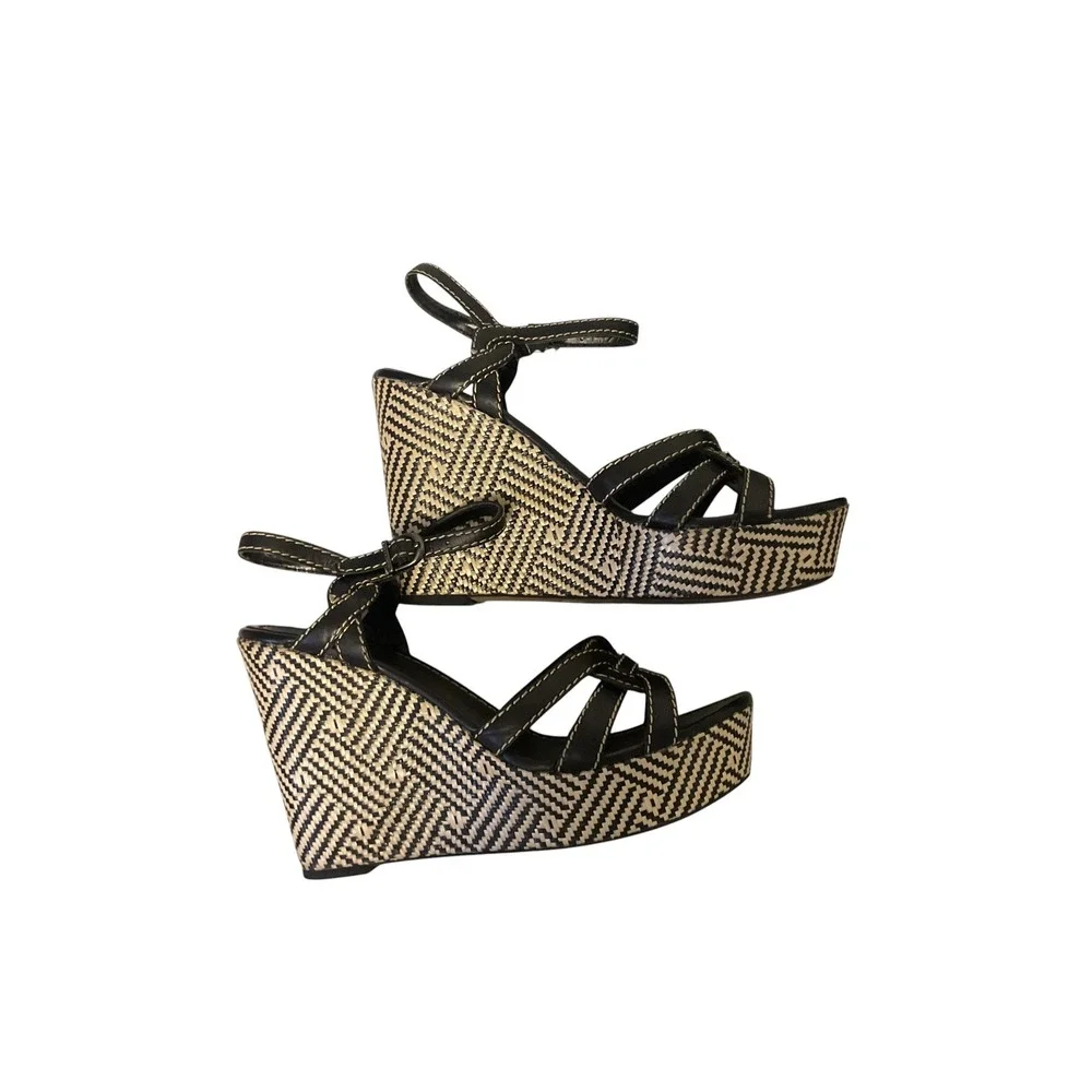 Vince Camuto Black Leather Woven Geometric Platform Wedge Sandals 9B 39